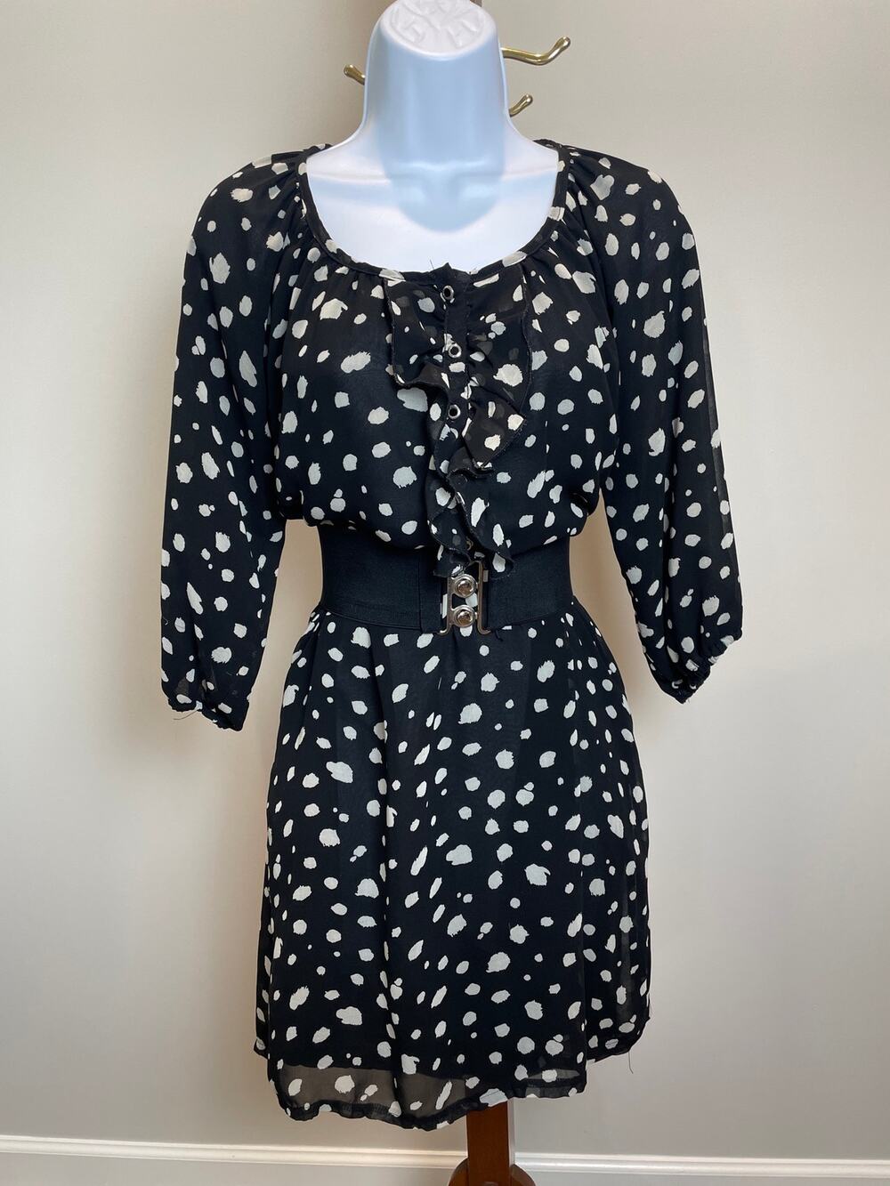 Francesca’s Collection Chiffon Blouson Dress Size L Black White Polka Dot Ruffle
